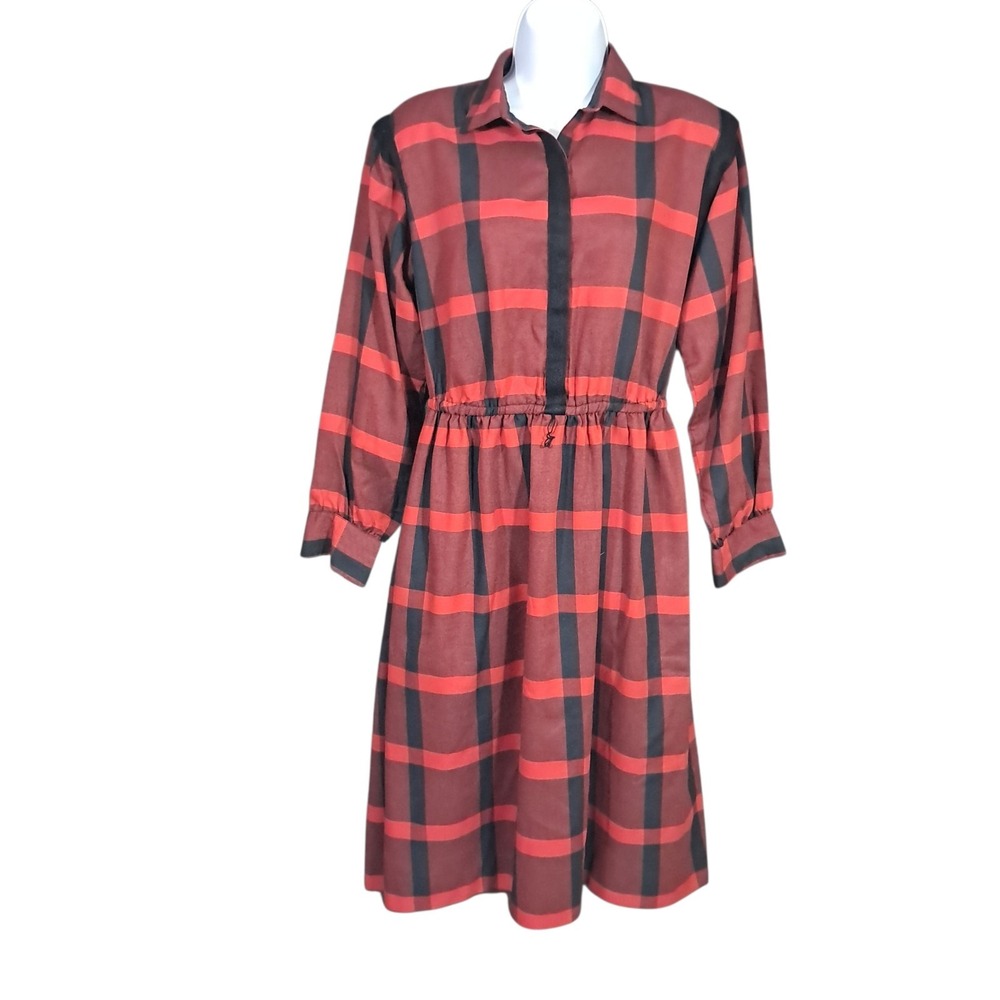 Shapely Dress Co Red Black Plaid Button Down Shirt Dress Sz 10 Midi 80s Country - Picture 1 of 13